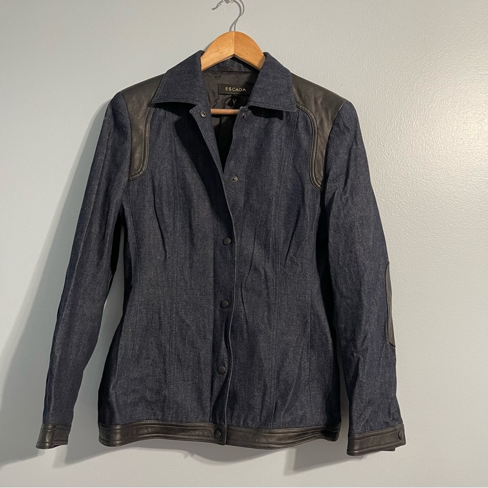 Escada Woman’s Dark Denim Jacket Black Leather Trim Slim